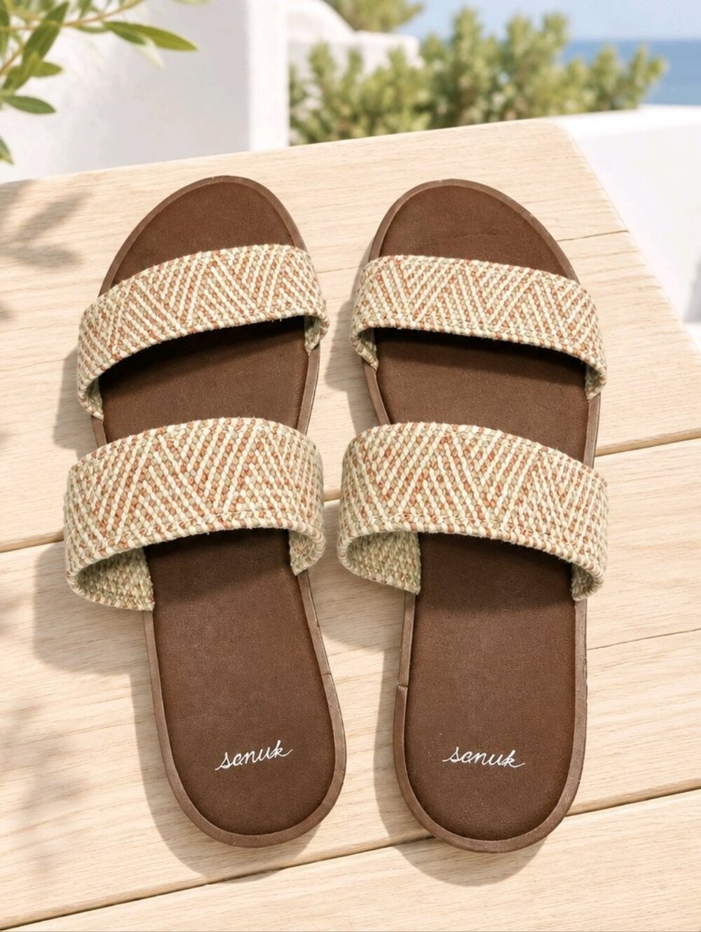 Sanuk Women's Two-Strap Yoga Slide Sandals in Brown and Cream Size 11